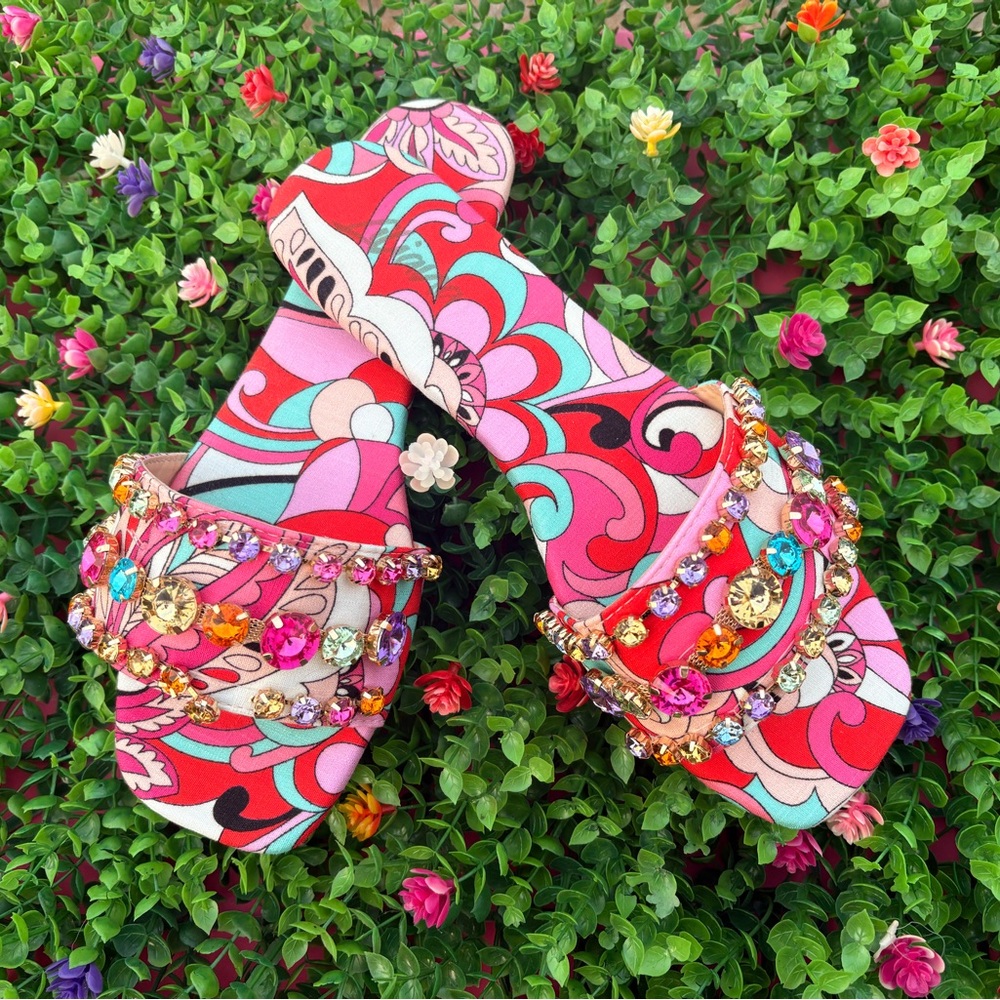 Colorful Floral Sandals with Gem Accents